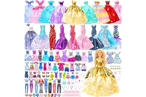 Style Shine 100 Pcs Doll Clothes & Accessories, 4 Wedding Gowns 2 Evening Dresses 6 Fashion Dresses 1 Jumpsuit 5 Tops 5 Pants 2 Swimsuit, 20 Hangers 10 Shoes 46 Accessories Toys for Girl Birthday Gift