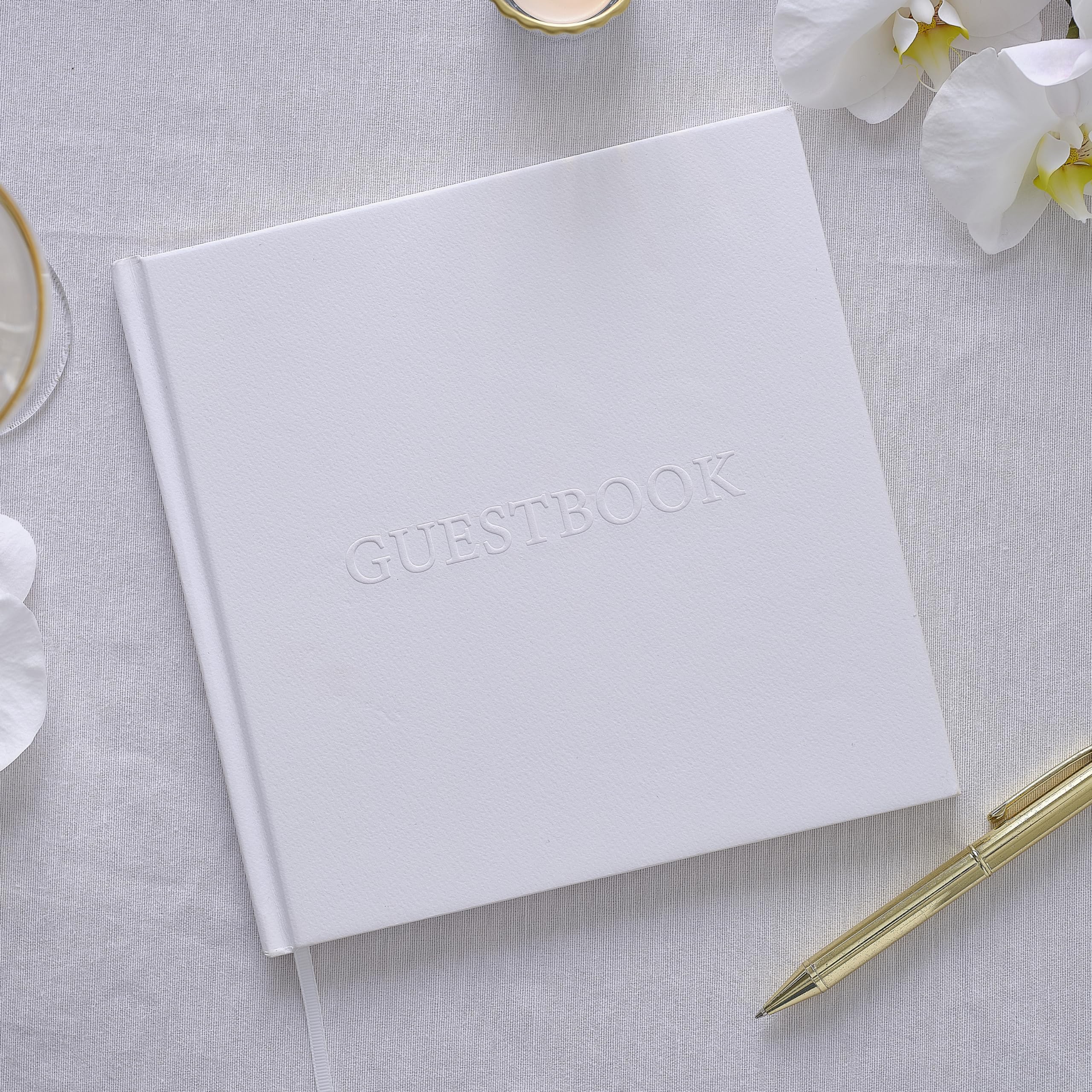 Ginger Ray White Embossed Wedding Guest Book with 32 Gold-edged Pages & White Ribbon Bookmark