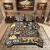 Erosebridal Rustic Bear 7 Piece Comforter Set Queen Bed in a Bag,Buffalo Plaid Grid Bedding,Hunting Deer Farmhouse Cabin Decor Quilt,Retro Southwest Aztec Bed Set,Tribal Sheets,Brown Red