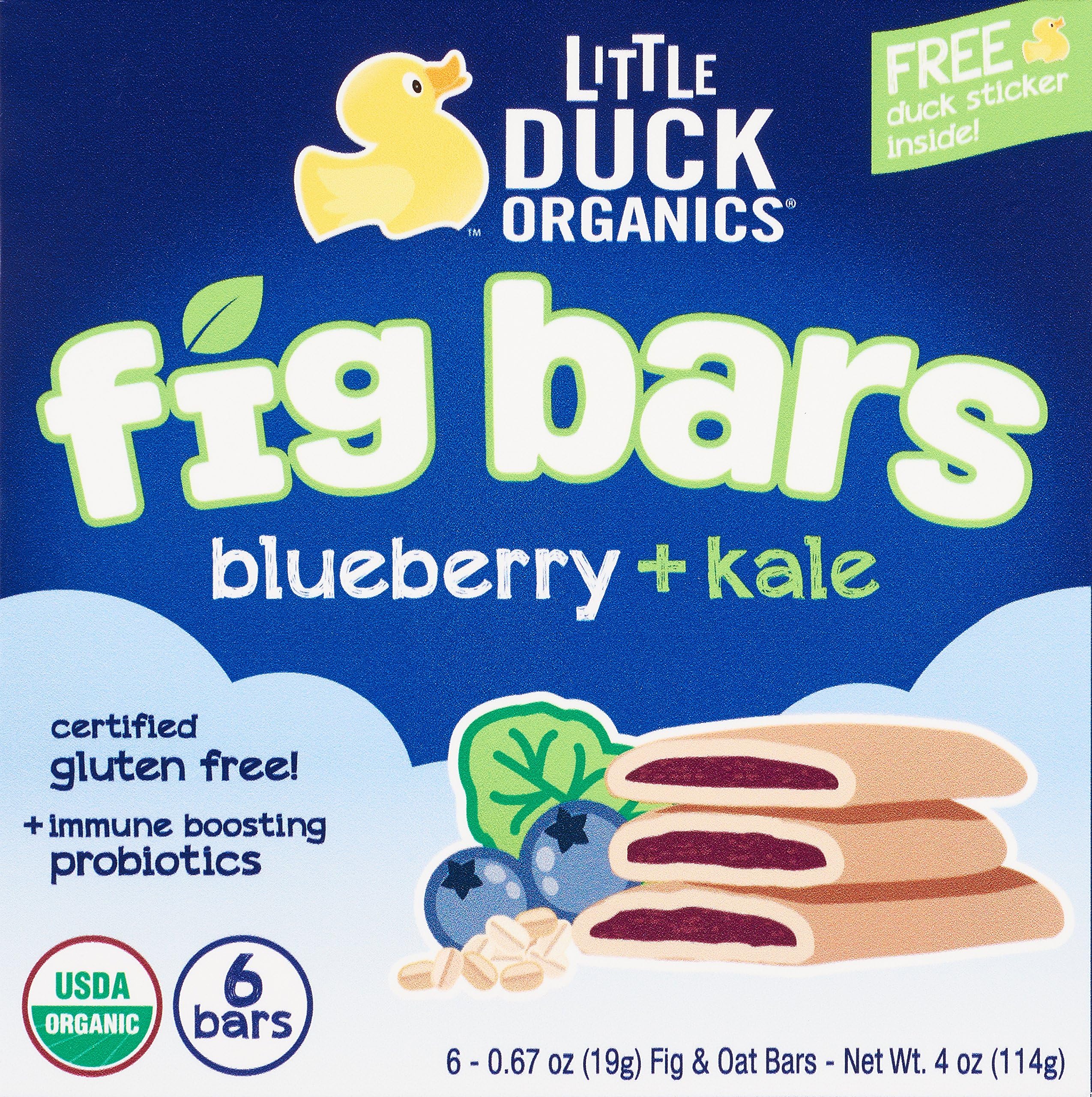 Little Duck Organics Fig Bars, Blueberry + Kale, 6 Count Box of 0.67 Ounce Bars (Pack of 8)