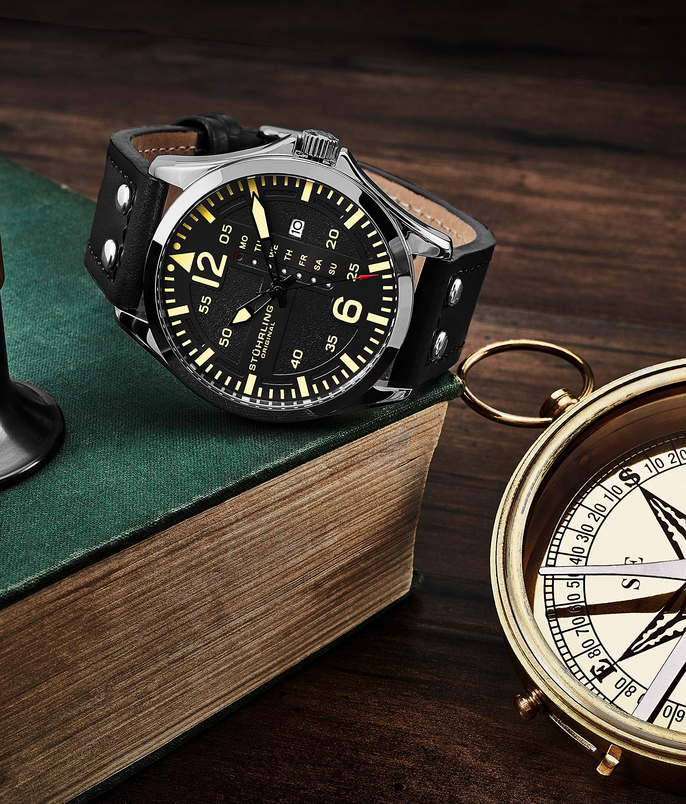 Stuhrling Original Mens Leather Watch -Aviation Watch, Quick-Set Day-Date Leather Band with Steel Rivets,