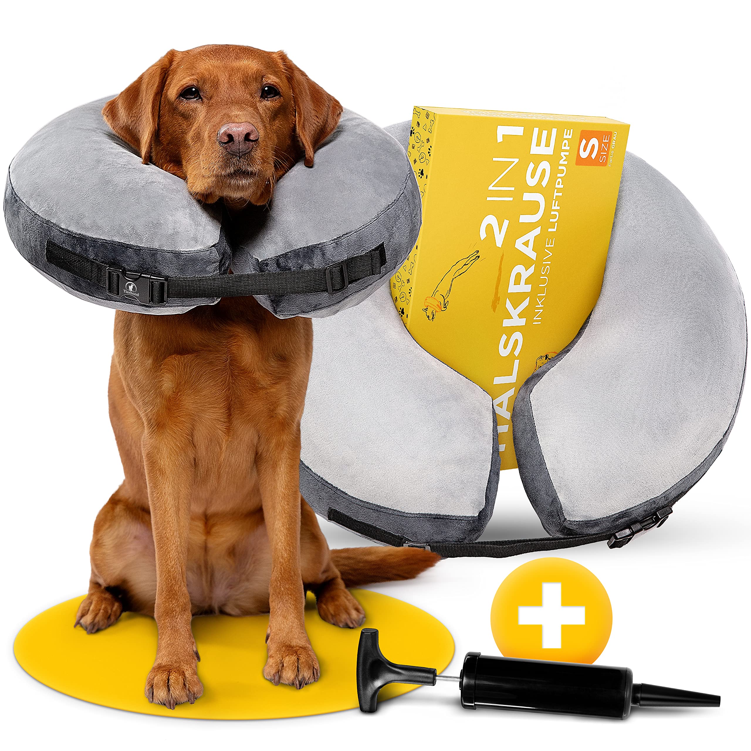 Tierhood ® Inflatable Collar for Dogs & Cats - Protective, Leak Protection, Soft Velour, Gray, Custom Fit, Post-Surgery, Wound Protection