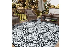 HUGEAR Outdoor Plastic Straw Rug, Waterproof Outdoor Rugs for Patios Clearance, Reversible Area Rug, Large Outside Carpet for Camping, Balcony, RV, Deck, 6x9ft Danica/Black&White