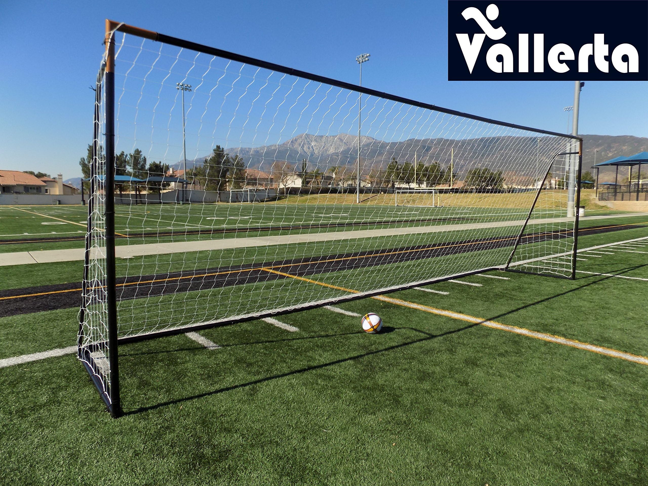 Vallerta 24 x 8 Ft.Regulation Size Soccer Goal w/Weatherproof HDPE Net. 50MM Diameter Industrial Grade Black Powder Coated Galvanized Steel. Portable 8x24 Foot Training Aid. ONE Year Warranty!