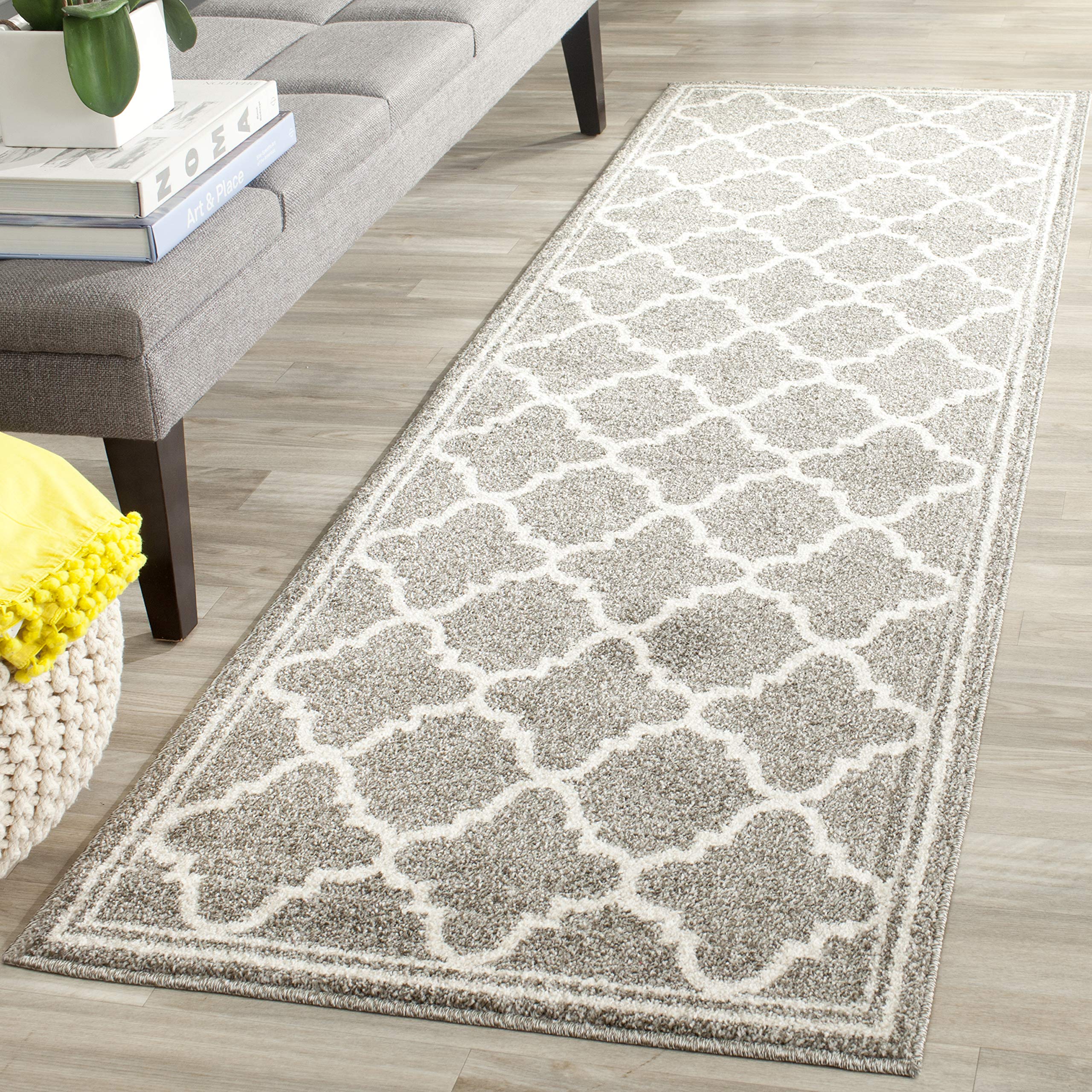 SAFAVIEH Amherst Collection Runner Rug - 2'3" x 21', Dark Grey & Beige, Moroccan Trellis Design, Non-Shedding & Easy Care, Ideal for High Traffic Areas in Living Room, Bedroom (AMT422R) Image