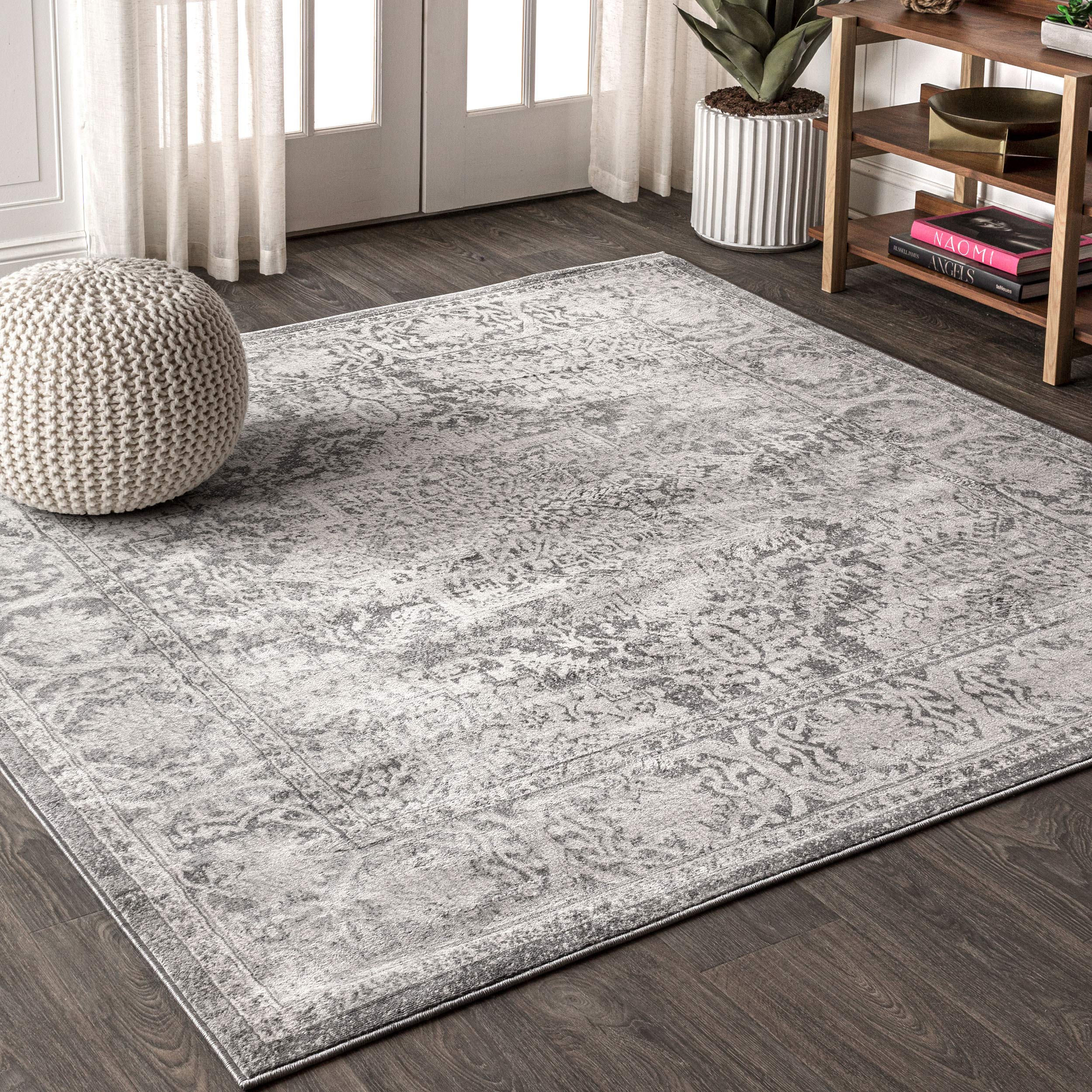 JONATHAN Y Modern Vintage Medallion Light Gray 8x8 Square Indoor Area Rug, Country, Floral, Easy-Cleaning for Living Room, Bedroom, Kitchen, Pet Friendly, Non-Shedding (MDP100A-8SQ) Image