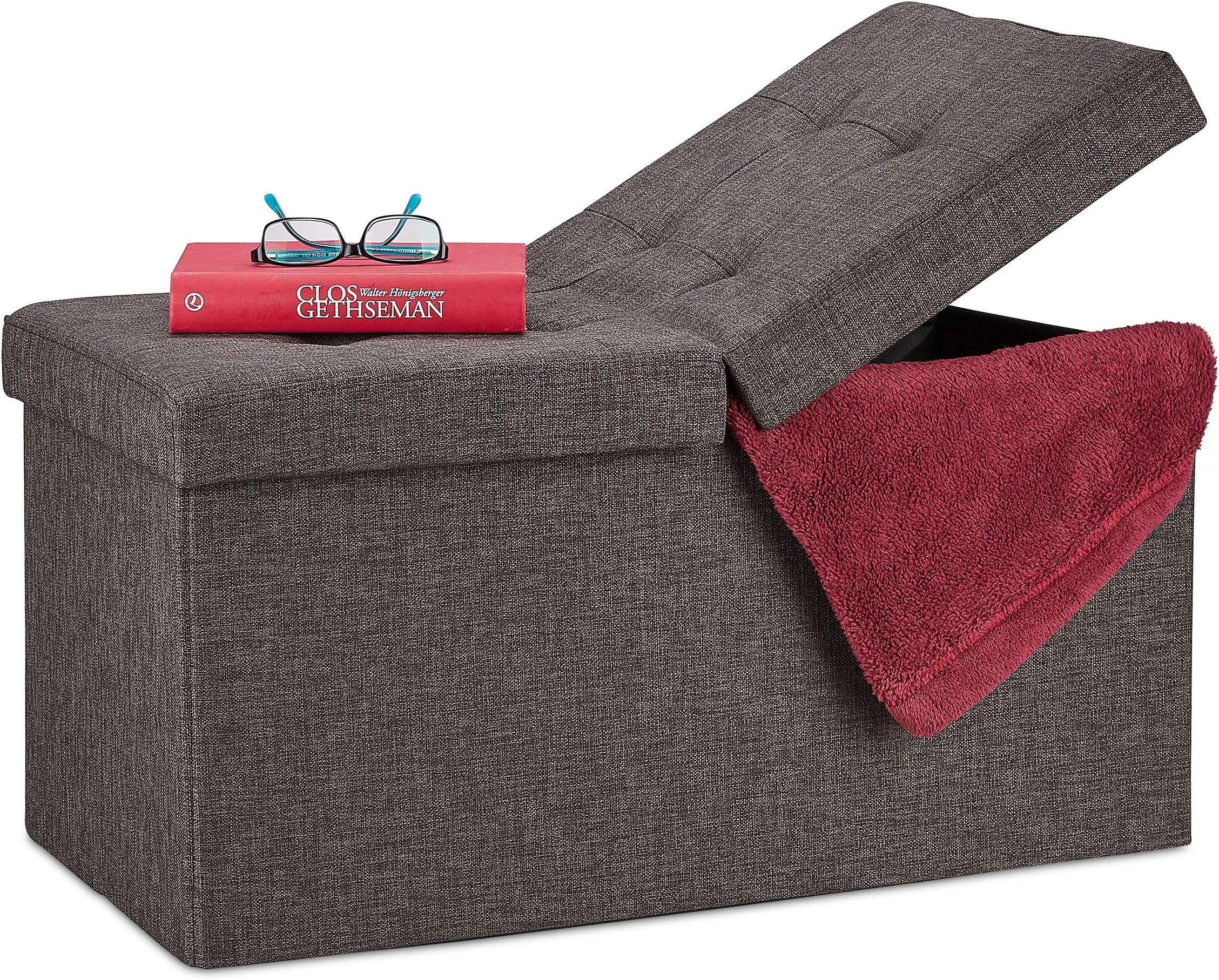 Relaxdays Folding Storage Bench, Padded, Hinged Lid, Hallway Chest, Bedroom Stand, Brown, MDF boards, material, foam, One Item