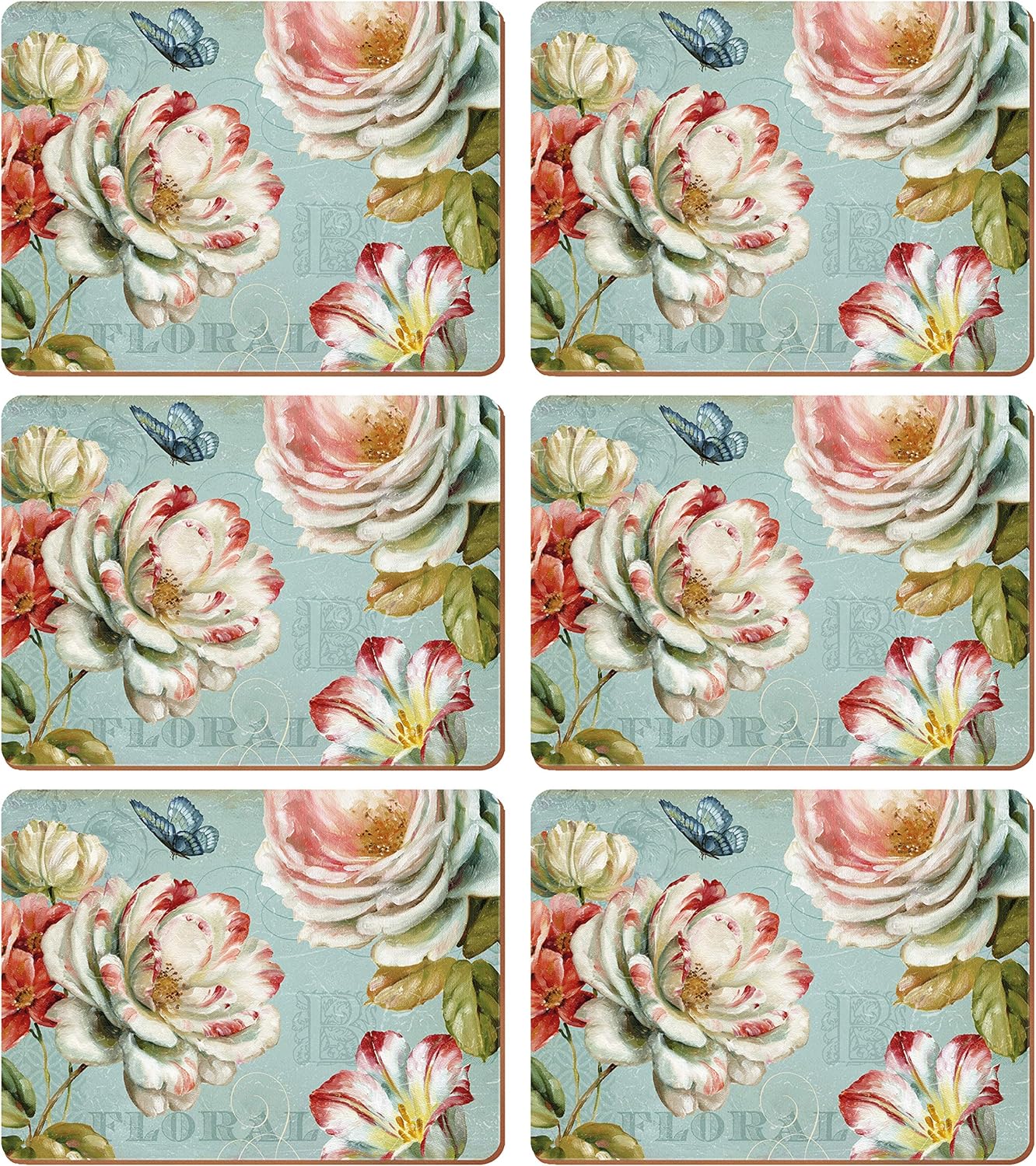 Creative Tops Set of 6 ”Romantic Garden” Cork Backed Placemats, Wood, Blue, 0.5×22.8×30 cm