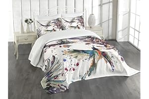 Ambesonne Hummingbird Bedspread, Art Lily Flowers Birds and Color Splashes in Watercolor Painting Style, Decorative Quilted 3