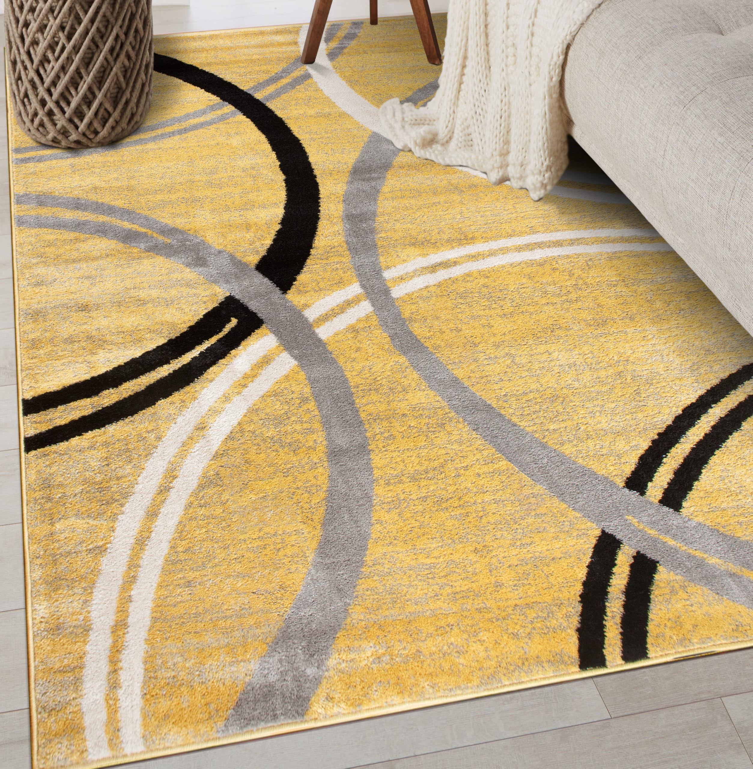 Rugshop Wavy Circles Design Area Rug, Non-Shedding Carpet for Entryway, Bedroom, or Office, Yellow, 3'3" x 5' Image