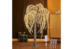 LITBLOOM Lighted Willow Tree Plug in 300 Fairy Lights 4FT, Flocked Tree with Lights for Indoor Outdoor Home Christmas Decorations