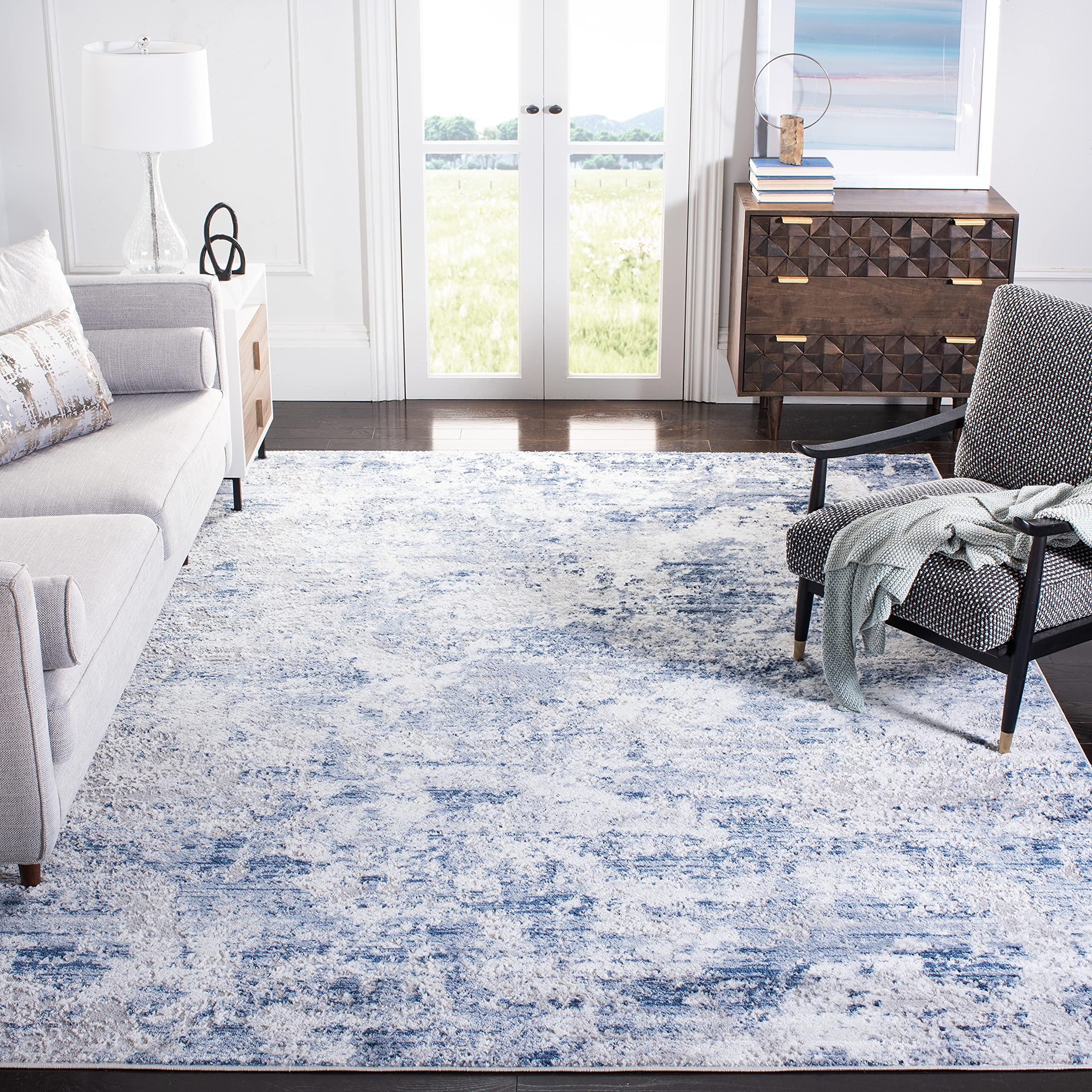 SAFAVIEH Amelia Collection Area Rug - 8' Square, Navy & Grey, Modern Abstract Design, Ideal for High Traffic Areas in Living Room, Bedroom, Dining (ALA705N-8SQ) Image