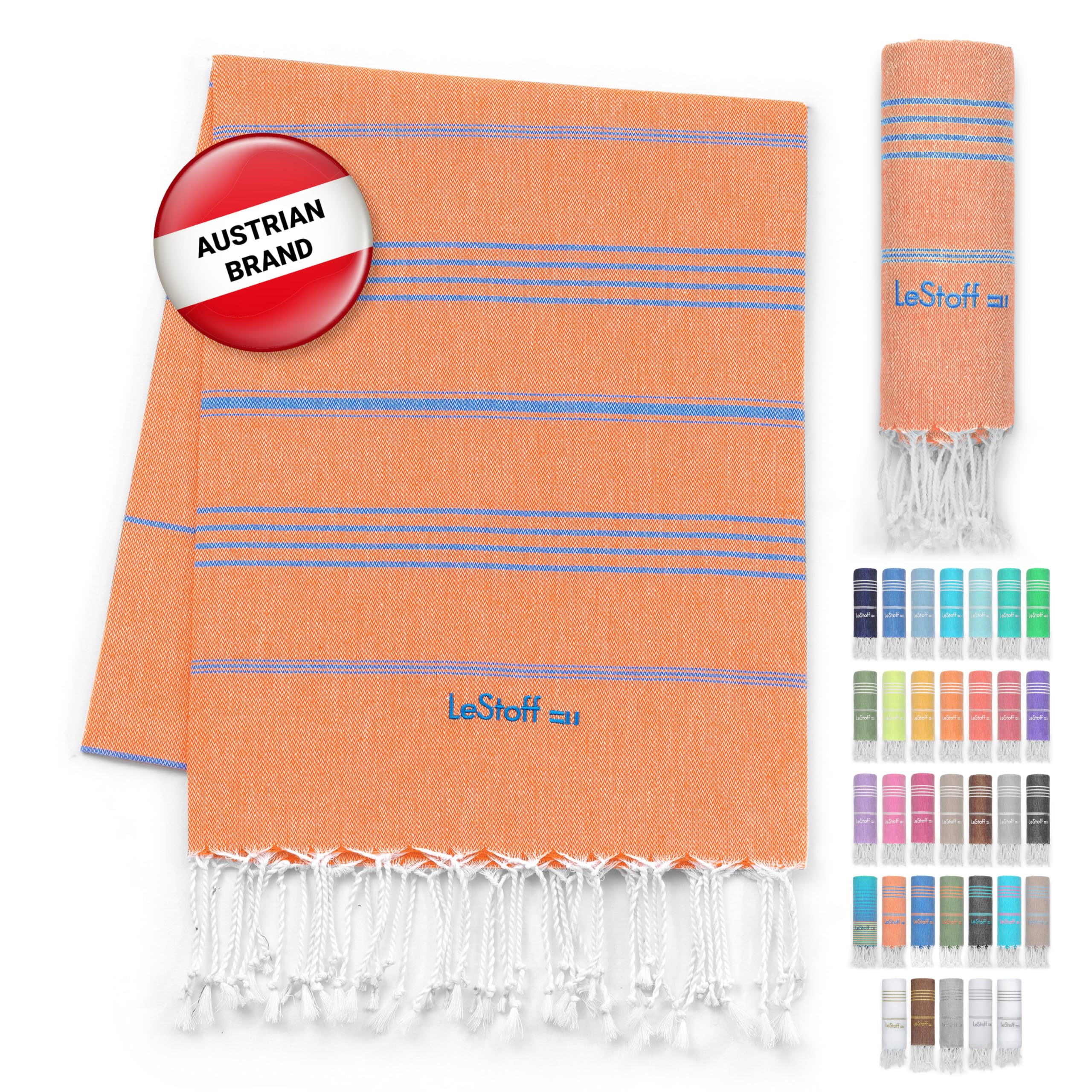 LeStoff Turkish Hammam Towel – 100% organic cotton, 95 x 180 cm, Pre-washed, Absorbent, Quick-drying, Lightweight, Turkish Towel, Hammam Beach Towel, Gym Towel, Beach Throw, Sauna Towel (Orange-Blue)