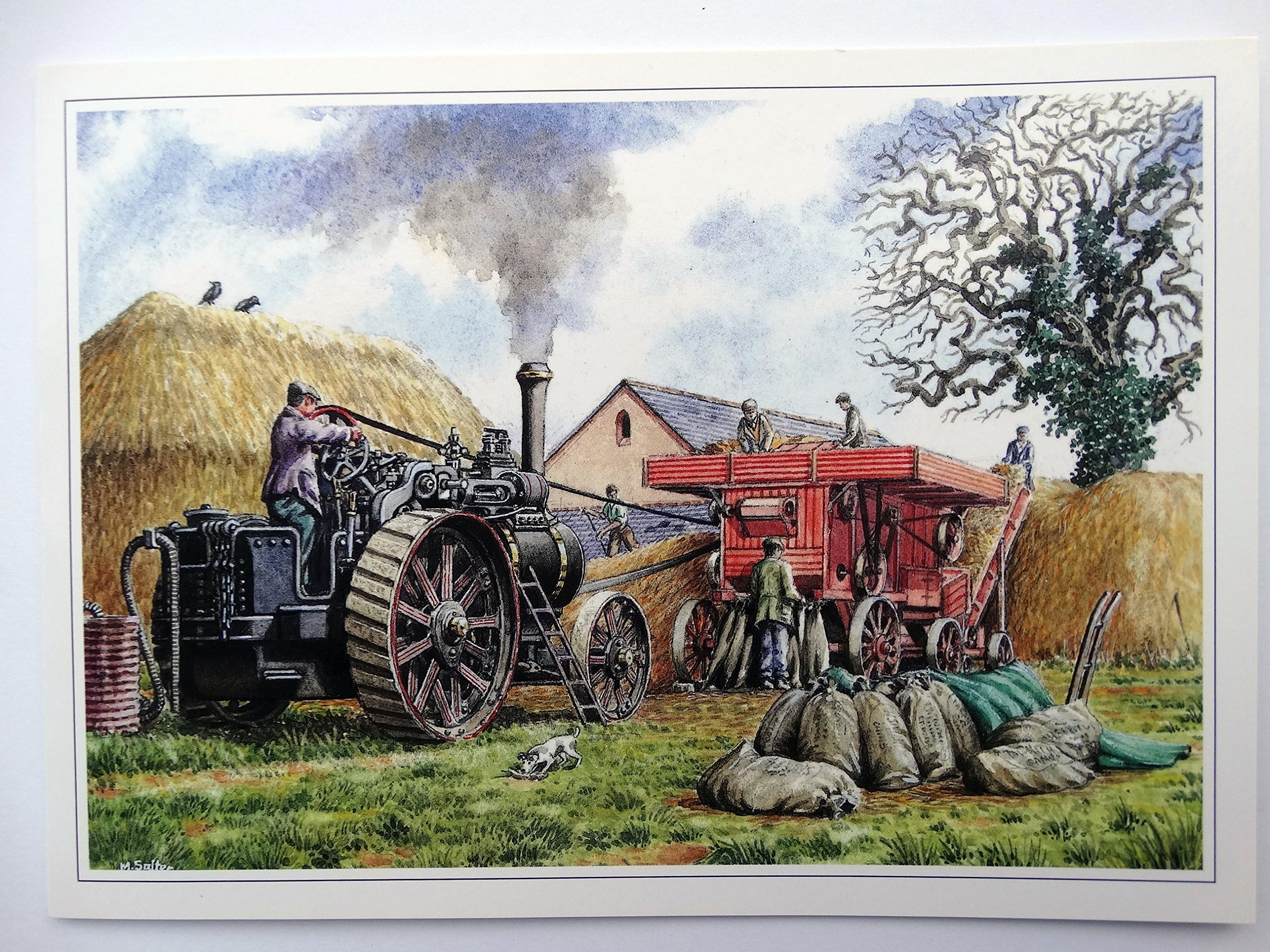 GDPNostalgic Men Threshing Steam Engine Farm Hay Design Open Blank Birthday Card