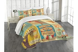 Lunarable Surf Bedspread, Retro Posters Group Summer Vacation Theme Hobby Water Sports California Beach, Decorative Quilted 3 Piece Coverlet Set with 2 Pillow Shams, Queen Size, Pale Brown