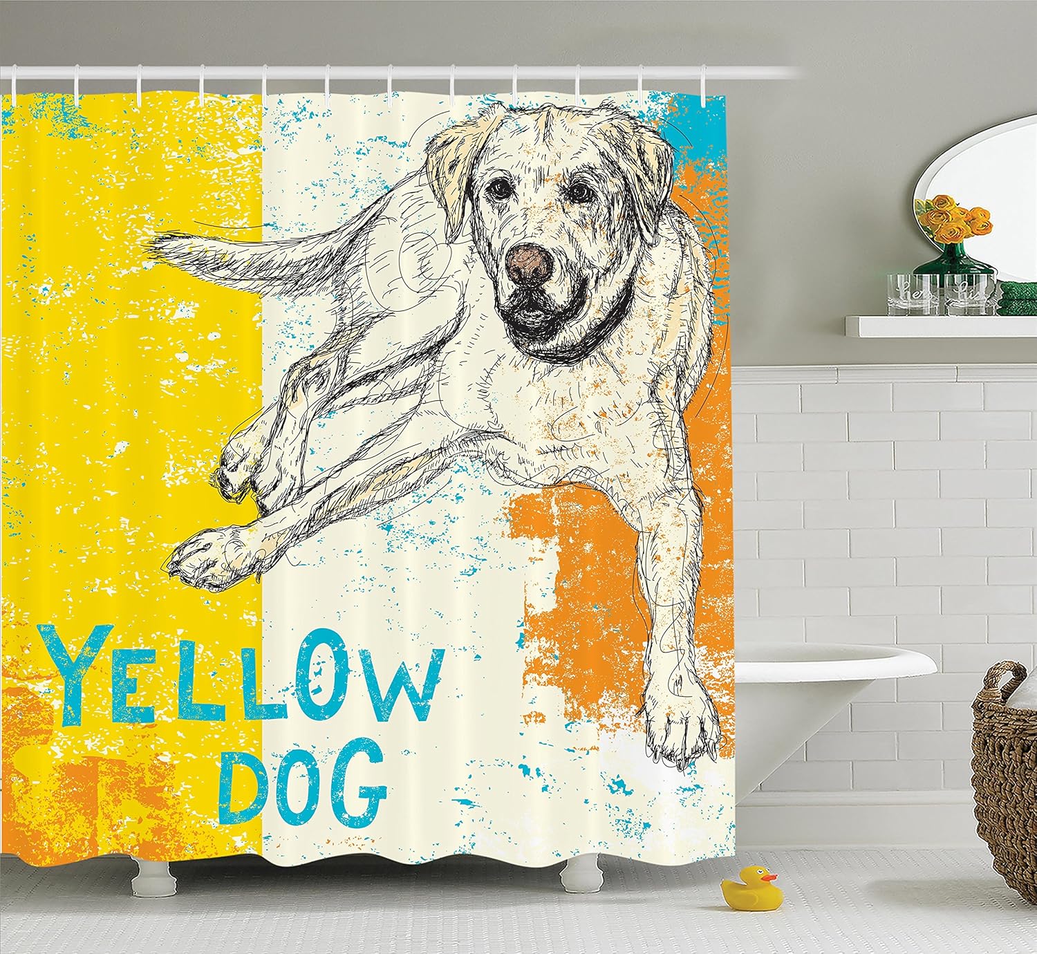 Ambesonne Yellow Decor Shower Curtain Set Sitting Dog Sketch Style Illustration On Striped Background Weathered Aged Effect Bathroom Accessories 75
