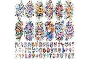 EGMBGM 63 Sheets 3D Watercolor Rose Temporary Tattoos For Women Arm Girls Adults, Water Color Peony Flower Tattoo Sticker, Bulk Temp Fake Long Lasting Tattoo Colorful Floral Moon Snake Lion Wolf Tiger