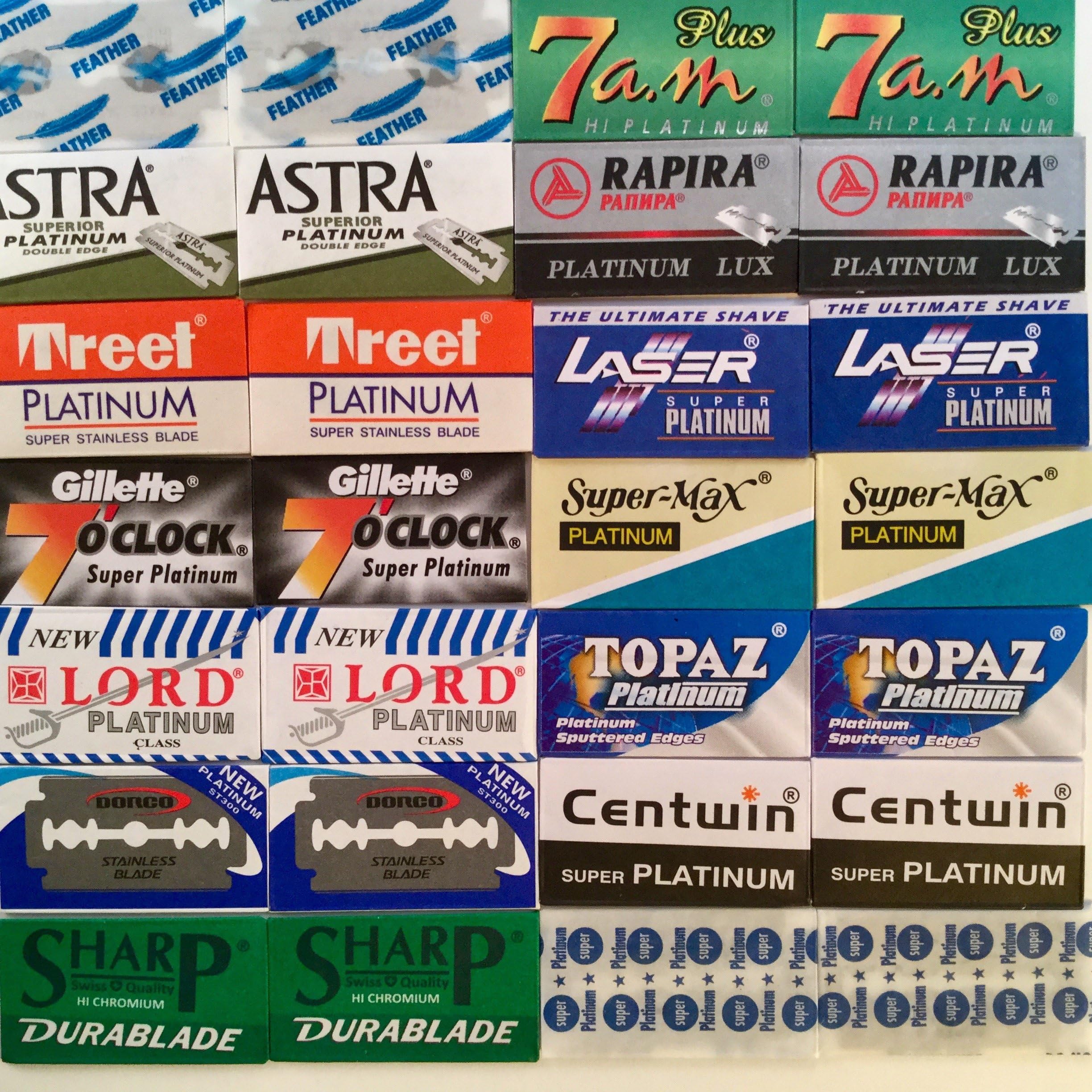 SUPER PLATINUM Double Edge Razor Blade Sampler - 28 of the top quality platinum blades including Feather, Gillette, Astra & Personna
