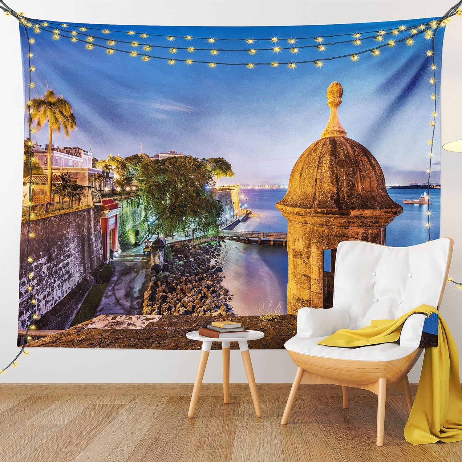 Tapestries - Lunarable Puerto Rico Tapestry King Size, Coast at Paseo de la Princesa Retro Style Architectural Elements Photography, Wall Hanging Bedspread Bed Cover Wall Decor, King Size, Turquoise Marigold