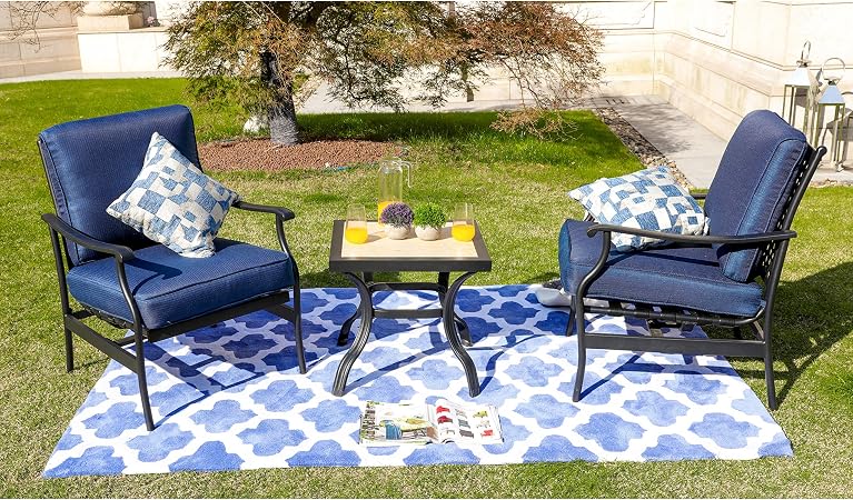 Amazon Com Lokatse Home 3 Piece Outdoor Furniture Set With 2 Patio Bistro Conversation Chairs And 21 Inch Square Dining Table 3 Pc Blue Garden Outdoor
