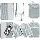 Casa Platino 8-Piece Mini Oven Mitt & Pot Holder Set – 500°F Heat Resistant with Silicone Grip, Includes 2 Kitchen Towels & 2 Dish Cloths for Drying – Non-Slip, Durable, Machine Washable – Grey