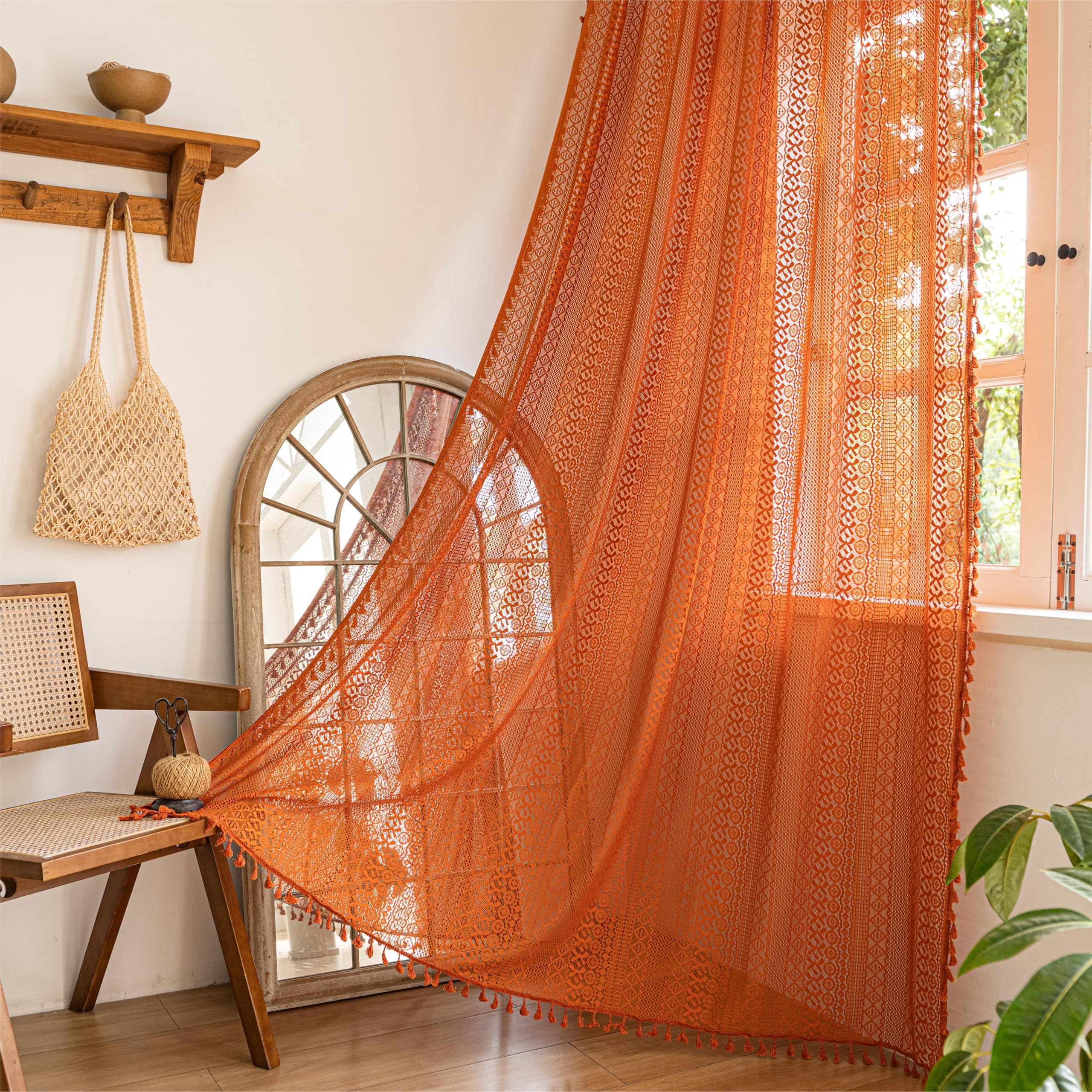 Photo 1 of Sutuo Home Boho Curtains for Bedroom Kitchen Crochet Lace Sheer Bohemian Hollow Knitted with Tassels, Window Treatment Privacy Vintage Rustic Farmhouse Drapes, Rod Pocket 1 Panel 59" W x 63" L, Orange
