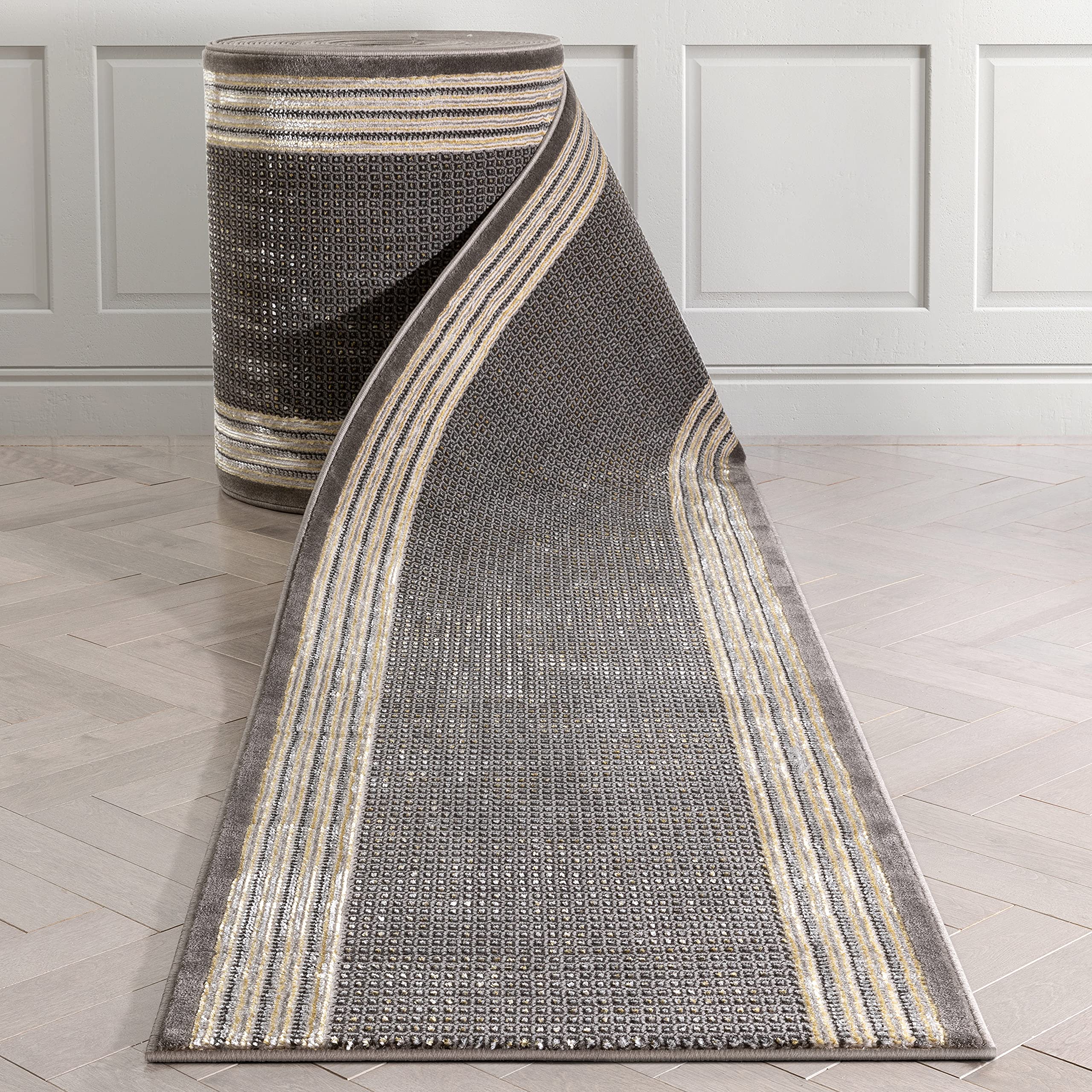 Well Woven Custom Size Hallway Stair Runner – Choose Your Length – Fairmont Collection Whelon Grey Striped Border 26 Inches Wide x 13 Feet Long Runner (26″ x 13′ Runner)