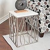 Roundhill Furniture Kameral Marble End Table with Stainless Steel Base, Square