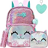Meetbelify Cute Backpack for Girls Pink Cat School Backpacks Kids Sequin Bookbag for Elementary Kindergarten Students with Lunch Box Pencil Case for Girls 5-12 Years Old