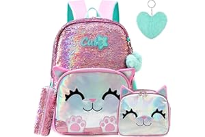 Meetbelify Cute Backpack for Girls Pink Cat School Backpacks Kids Sequin Bookbag for Elementary Kindergarten Students with Lunch Box Pencil Case for Girls 5-12 Years Old