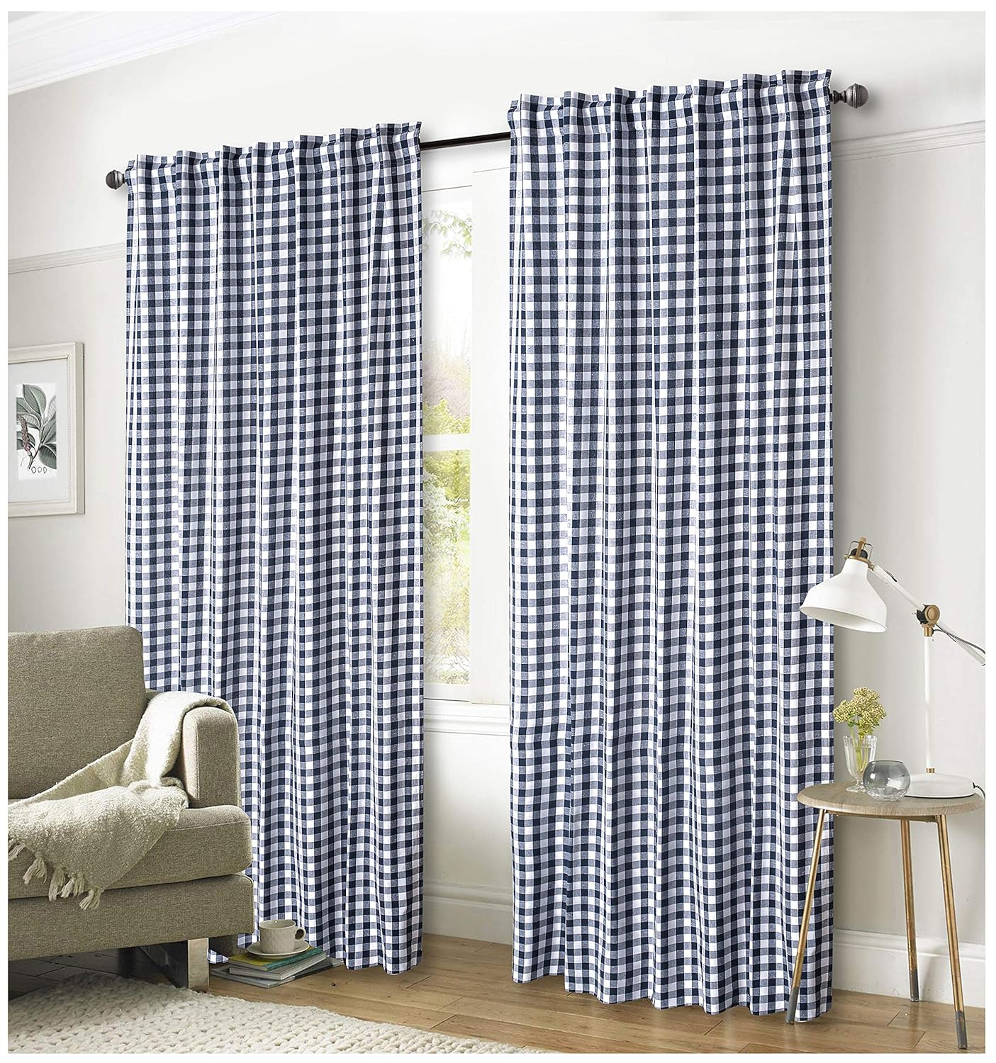 Ramanta Home Gingham Check Window Curtain Panel, 100% Cotton, Navy/White, Cotton Curtains, 2 Panels Curtain, Tab Top Curtains, 50x84 Inches, Set of 2