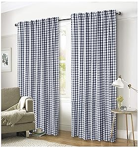 Ramanta Home Gingham Check Window Curtain Panel, 100% Cotton, Navy/White, Cotton Curtains, 2 Panels Curtain, Tab Top Curtains, 50x84 Inches, Set of 2