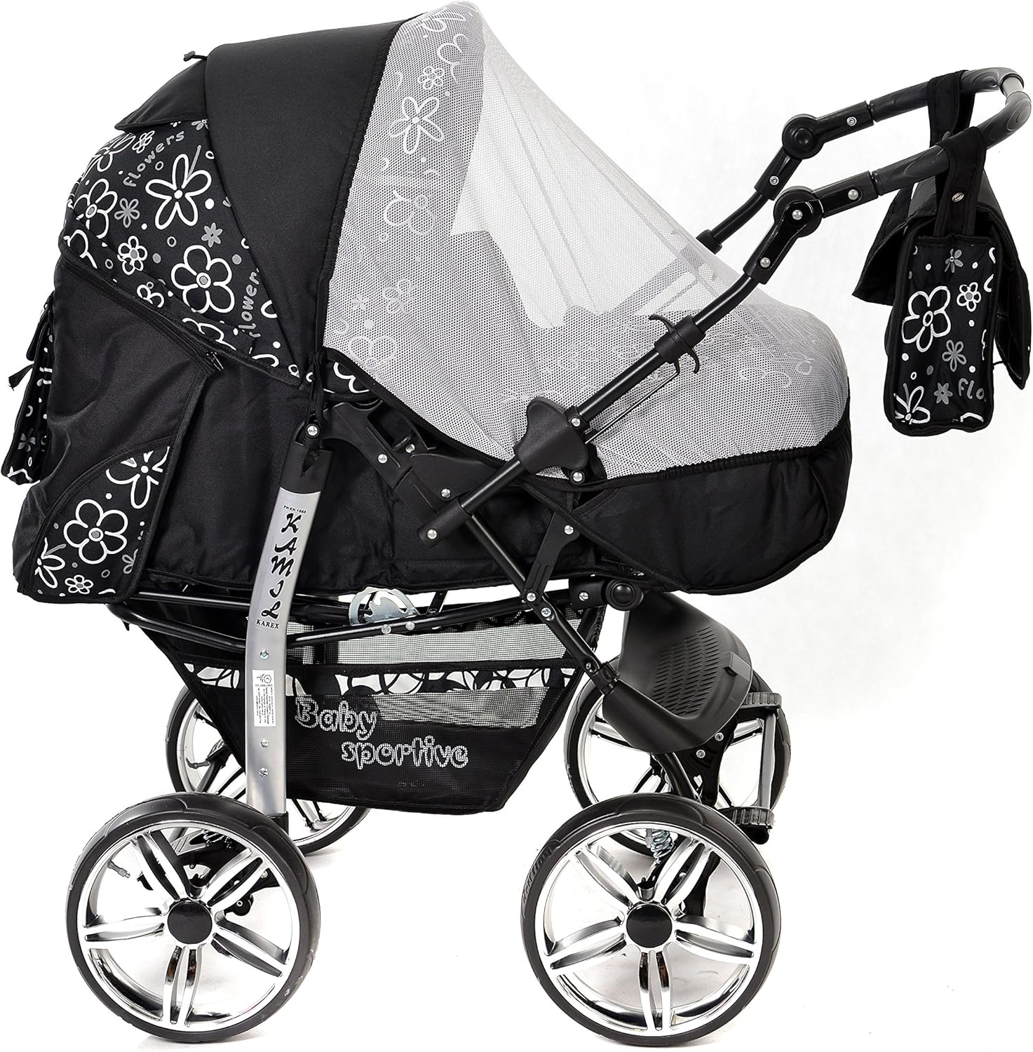 Landau pour bébé Système 3en1, noir, fleurs Kamil Poussette Siège Auto Système 3en1 ROUES NON