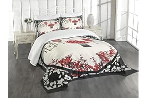 Ambesonne Lantern Bedspread, Lanterns with Japanese Sakura Cherry Blossom Trees Round Ornate Graphic, Decorative Quilted 3 Piece Coverlet Set with 2 Pillow Shams, King Size, Beige Black Red