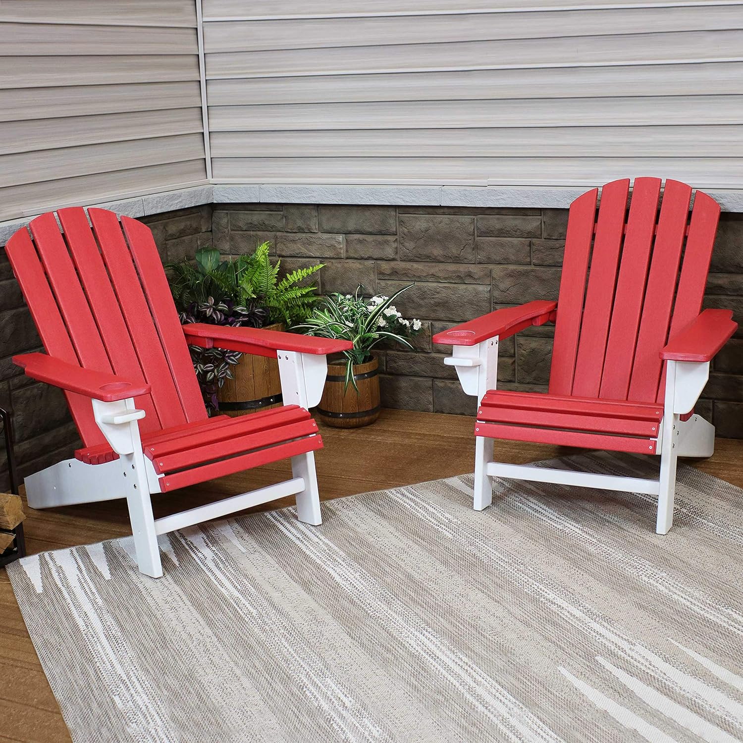 Sunnydaze All-Weather Red/White Outdoor Adirondack Chairs with Drink Holders - Set of 2 - Heavy Duty HDPE Weatherproof Patio Chair - Ideal for Lawn, Garden, and Around The Firepit: Kitchen & Dining