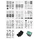 Beauty Leader 10 Pcs Nail Art Stamping Plate Mix Design Nail Art Template + 1 Pcs Green Rubber Stamper Nail Art Image Stamp Stamping Plates Manicure Template Nail Art Tools