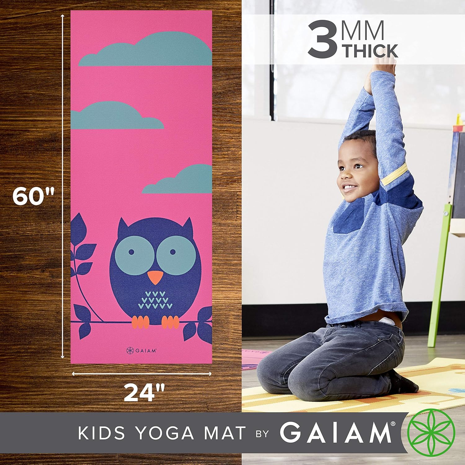 Gaiam Kids Yoga Mat Exercise Mat, Yoga for Kids with Fun Prints - Playtime for Babies, Active & Calm Toddlers and Young Children, Owl, 3mm : Sports & Outdoors