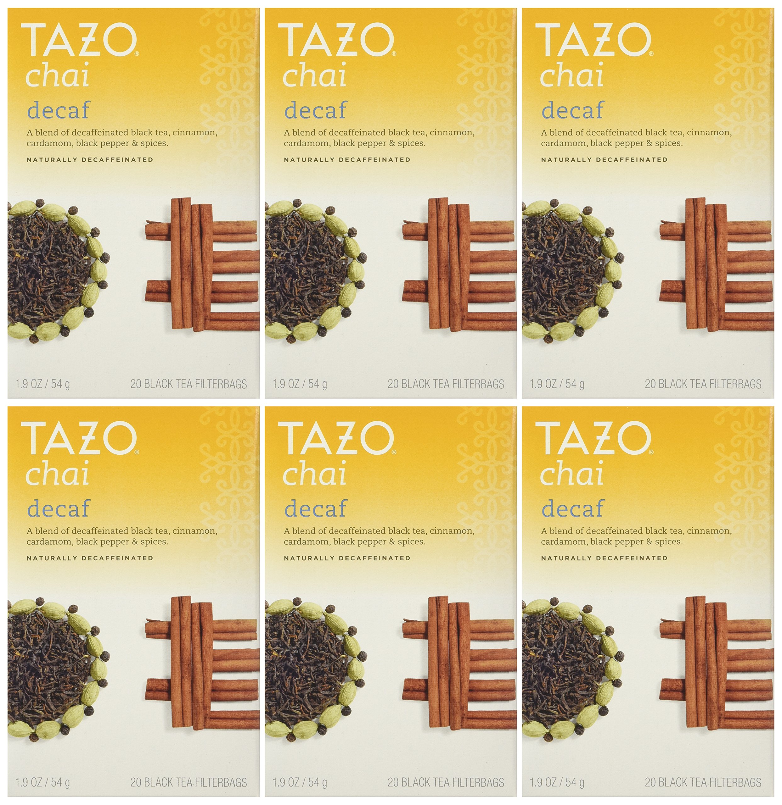 Tazo Decaf Chai, Spiced Black Tea, 20Count Tea Bags (Pack of 6