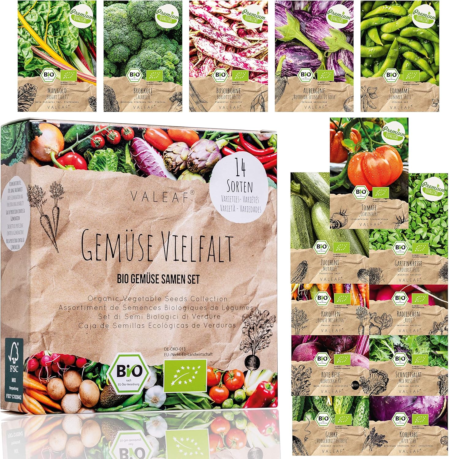 BIO Gemüse Samen Set - 14 Sorten Gemüsesamen aus biologischem Anbau, samenfestes Gemüse Saatgut, Bio Gemüsesamen Set für Küche, Balkon und Garten, 14er Pflanzensamen Set