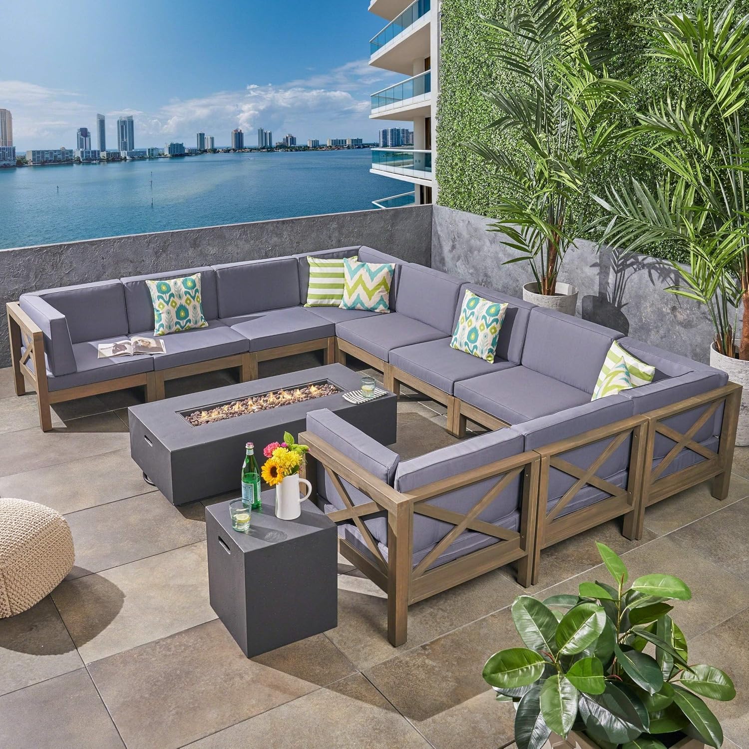 Amazon Com Christopher Knight Home Brava Outdoor 12 Piece Acacia Wood Sectional Sofa Set With Fire Pit By Fire Pit Sets Sectional Gray Finish Dark Gray Garden Outdoor