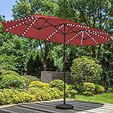 PHI VILLA 13ft Patio Umbrella with Solar-Powered 120 PCS LED Color-Changing Lights, Triple-Head Large Rectangle Umbrella Outdoor Patio for Table with Crank Lift,Dark Red(No Base)