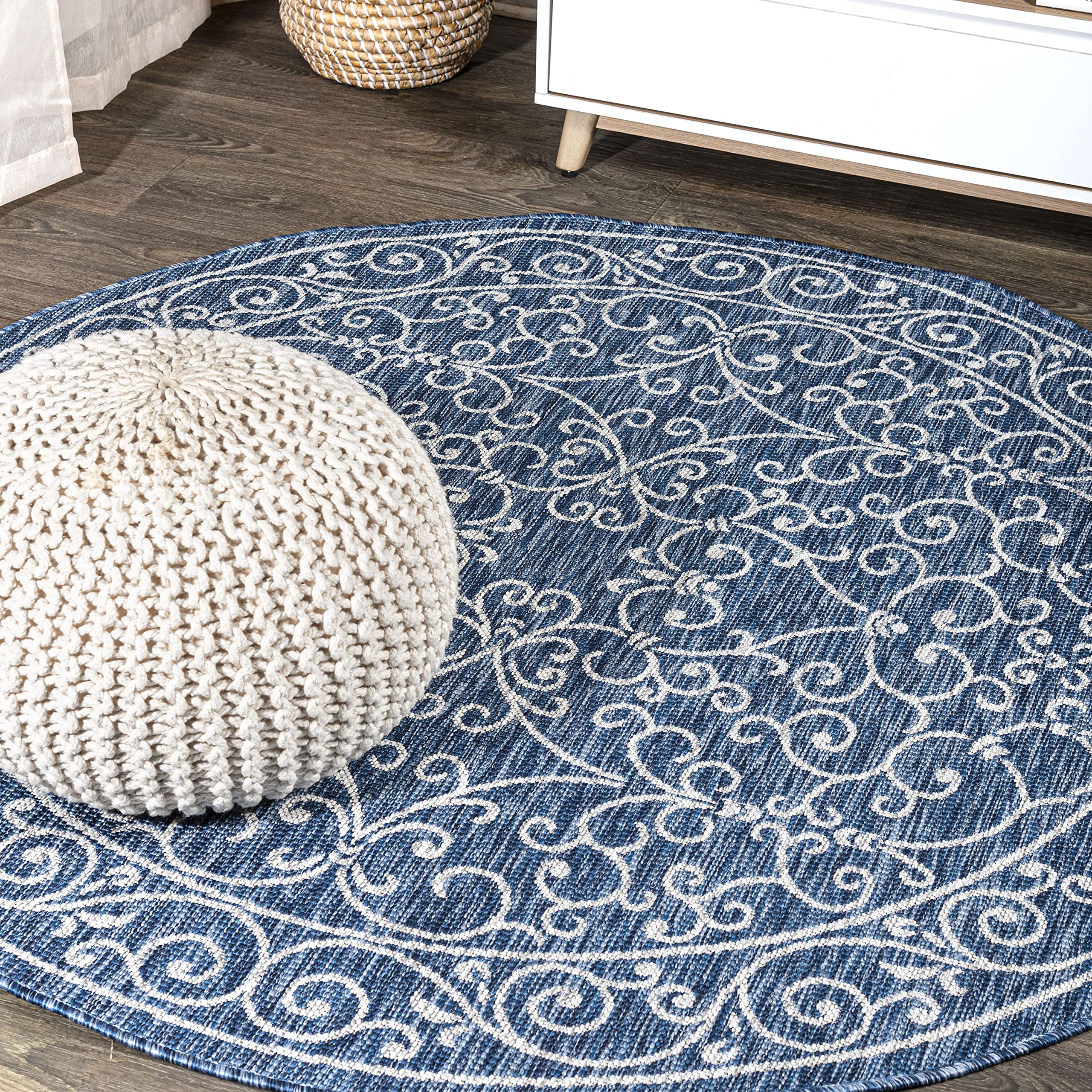 JONATHAN Y Vintage Filigree Indoor Outdoor Round Area Rug 9 Ft Navy/Gray, Charleston Textured Weave for Backyard, Patio, Porch, Easy-Cleaning, High Traffic, Pet-Friendly, Non-Shedding (SMB106D-9R) Image