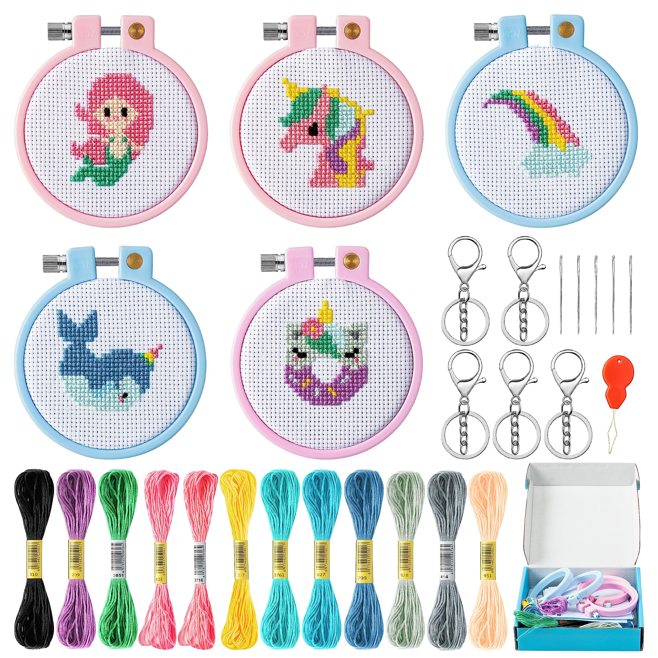 WATINC 9PCS Embroidery Cross Stitch Kits for Kids, Magic Horse Pattern Embroidery Beginners Set Stamped Cross Stitch Sewing Kit with Needle Point Keyrings, Starter Kit Sewing Set with Instructions