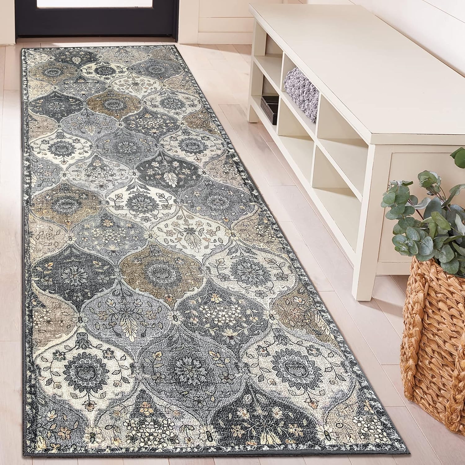 Rugs, Pads & Protectors - EARTHALL Moroccan Trellis Washable Runner Rug Grey Bathroom Non Slip Kitchen Hallway Floral Print Vintage Boho Carpet for Living Room/Entryway/Kitchen/Laundry Room, 2'x6'
