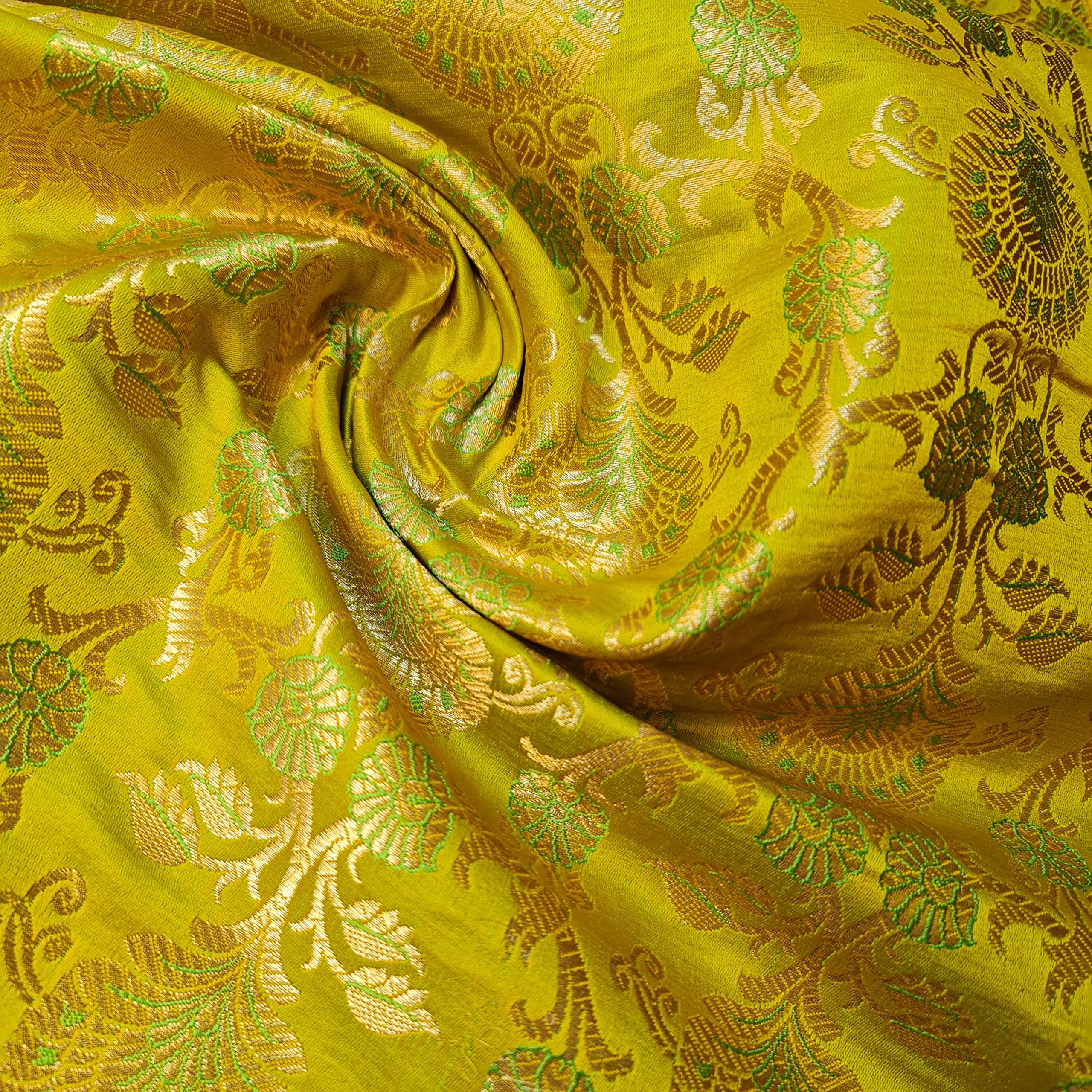 Textile Station Ornamental Floral Gold Metallic Print Indian Banarsi Brocade Fabric (Pre Cut 1 Meter) (Print 1) (Print 7)