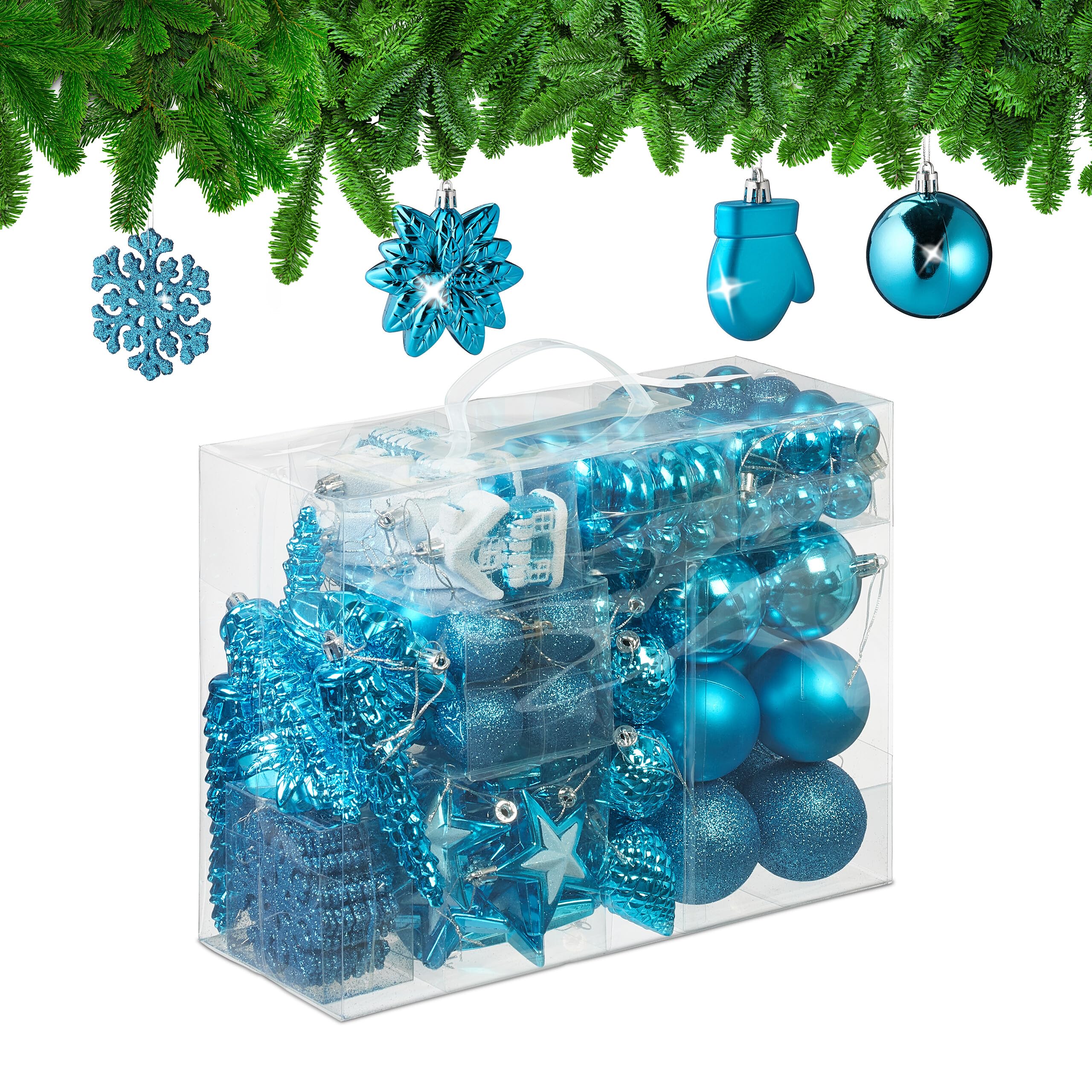 Relaxdays 100x Christmas Ornaments, Baubles, Glittering, Matte & Shiny, Tree Decorations, Plastic, 10 Designs, Petrol, 24 x 30 x 12 cm