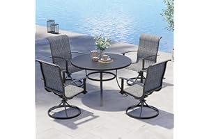 Grand patio Patio Dining Set for 4, Outdoor Dining Set with 4-Piece Mesh Sling Swivel Rocking Patio Chairs, 1-Piece 42" Round Woodgrain Steel Dining Table with 1.5'' Umbrella Hole, Black & Grey Plaid