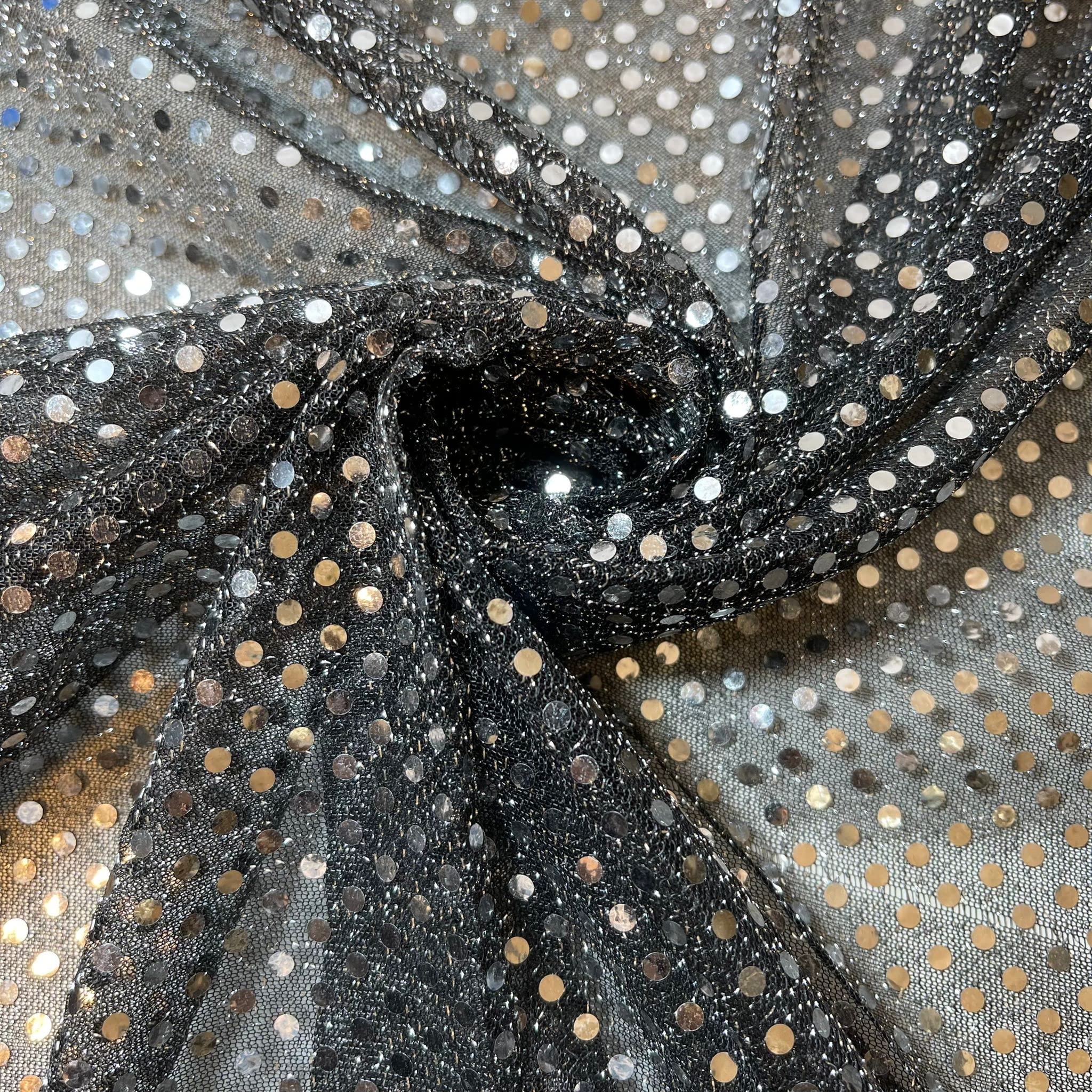 Sequin Jersey Shiny Sparkly Nylon Fabric Fancy Dress Metallic Costume 44" Meter (Black Silver 1mm)