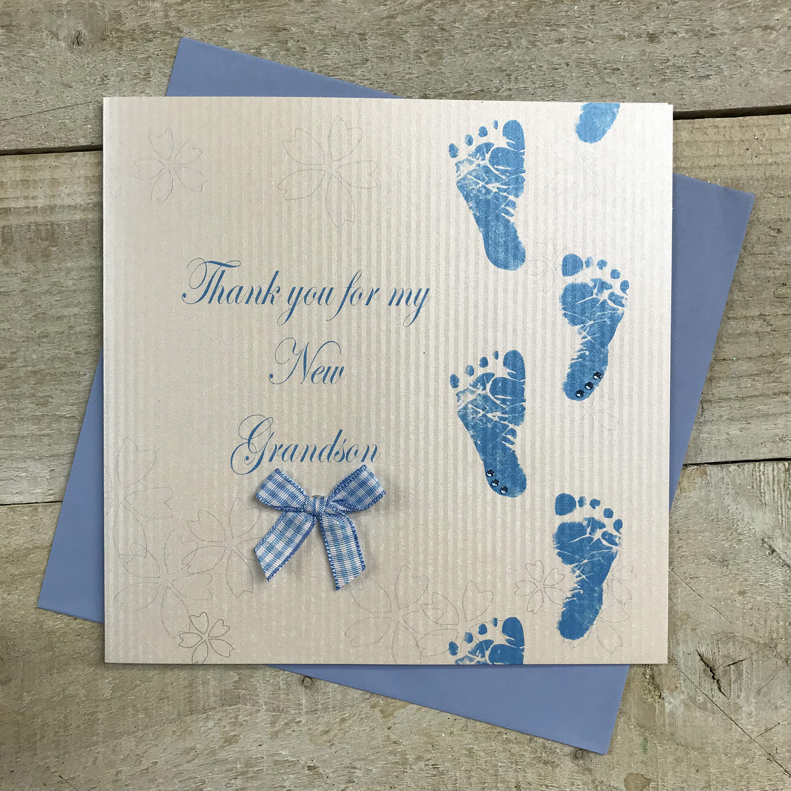 white cotton cards Blue Footprints Thank Hand Finished New Grandson Card, WB224-GS, 16cm x 16cm