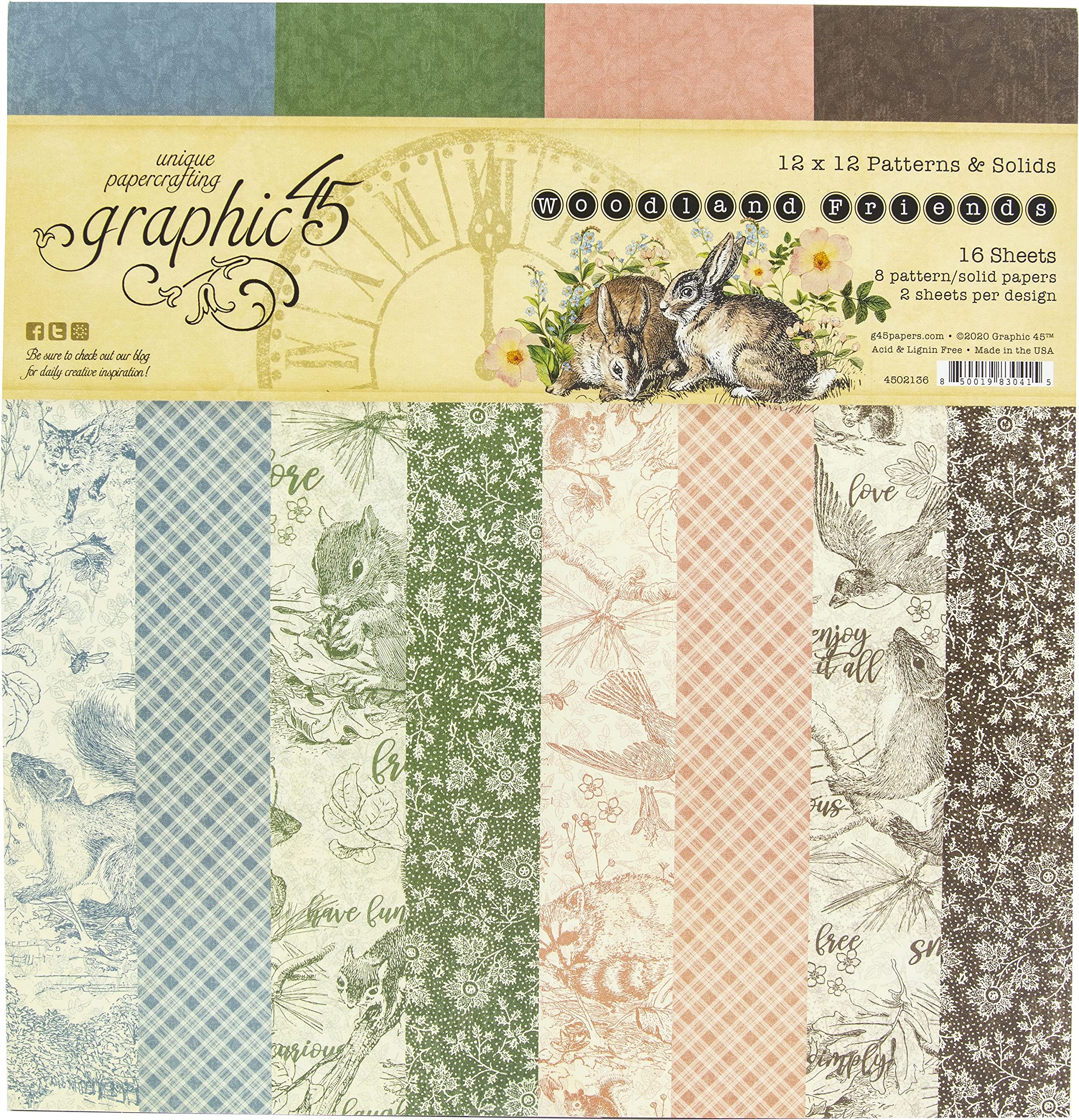 Graphic 45 GR4502136 Wood and Friends Pad, Patterns and Solid 12 inch x 12 inch